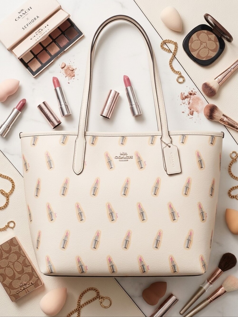 Coach Reversible Cream Tote with Lipstick Print
